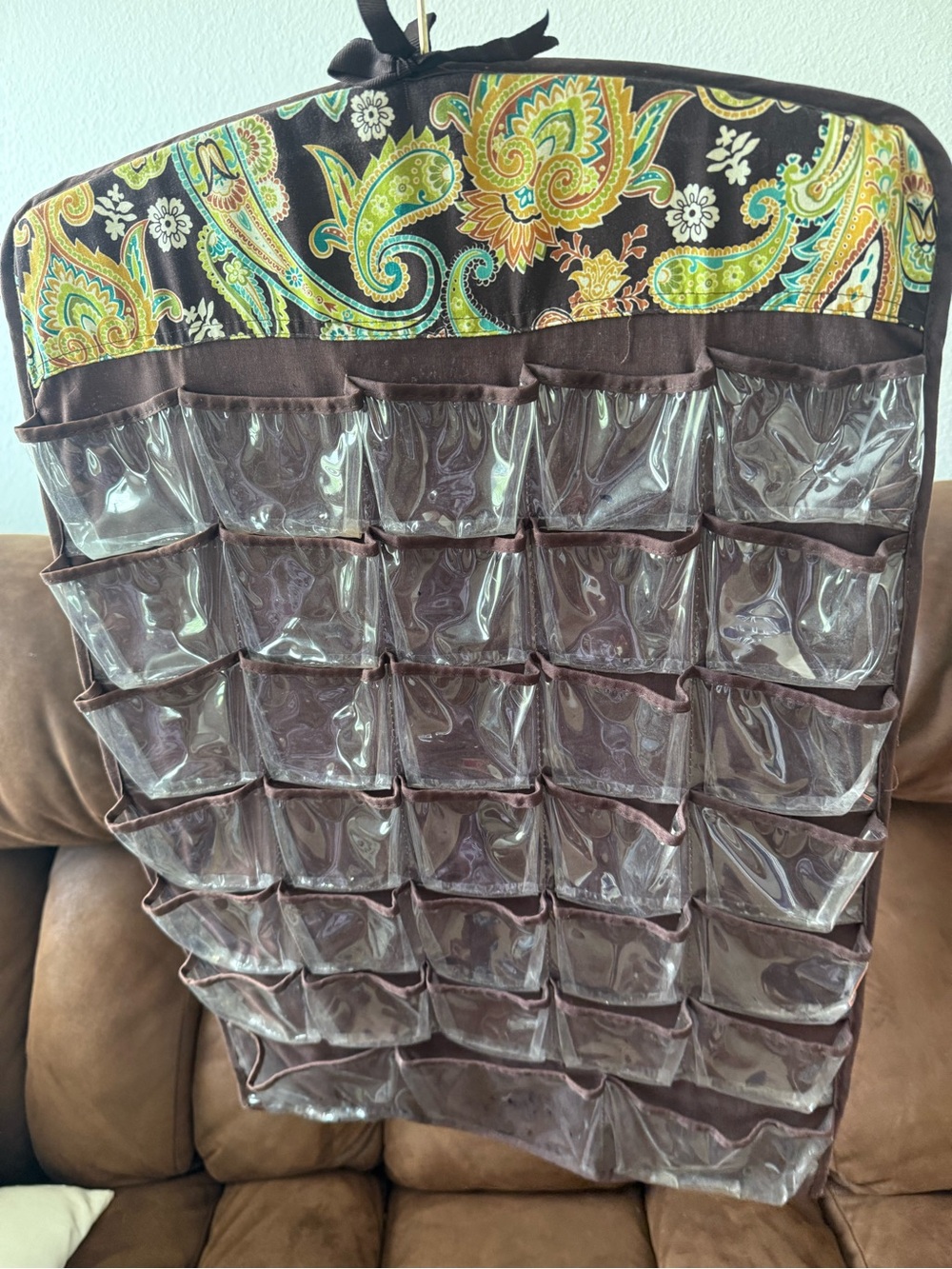 Brown Hanging Jewelry Organizer with Paisley Accent